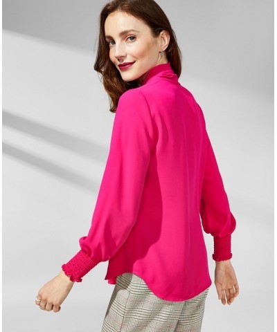 Women's Smocked-Cuff Tie-Neck Blouse Pink $31.92 Tops