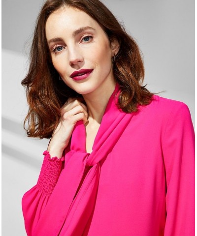 Women's Smocked-Cuff Tie-Neck Blouse Pink $31.92 Tops