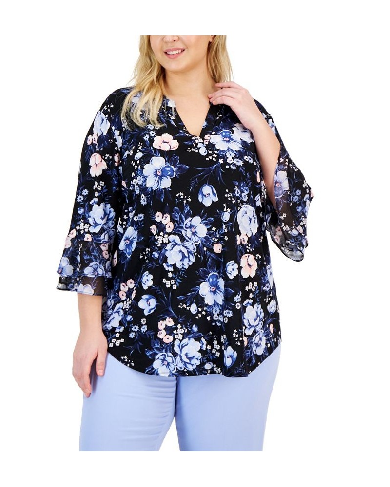 Plus Size Floral V-Neck Flutter-Sleeve Top Black Multi $20.09 Tops