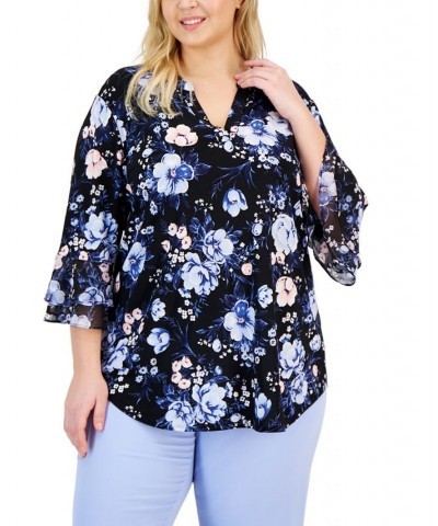 Plus Size Floral V-Neck Flutter-Sleeve Top Black Multi $20.09 Tops