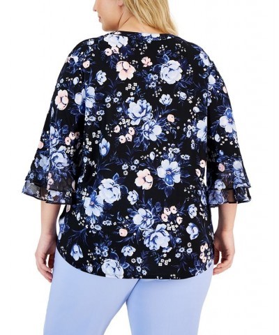 Plus Size Floral V-Neck Flutter-Sleeve Top Black Multi $20.09 Tops