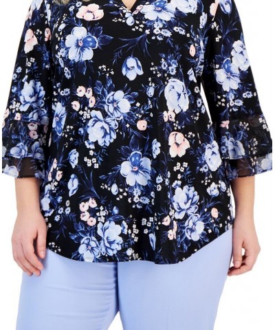 Plus Size Floral V-Neck Flutter-Sleeve Top Black Multi $20.09 Tops