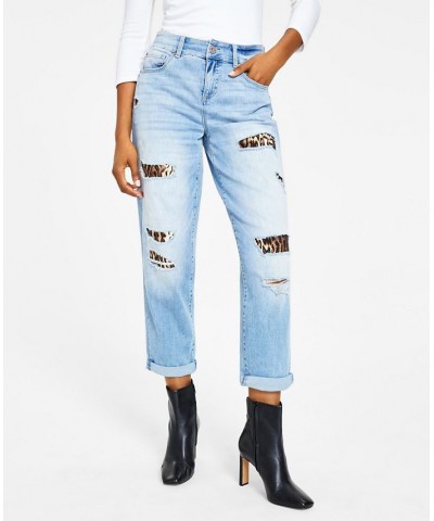 Women's High Rise Ripped Leopard Boyfriend Jeans Regular & Petite Light Indigo $28.49 Jeans