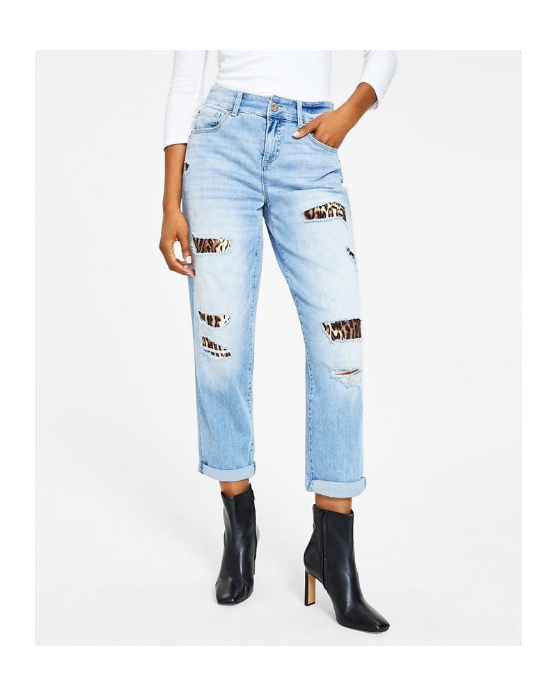 Women's High Rise Ripped Leopard Boyfriend Jeans Regular & Petite Light Indigo $28.49 Jeans