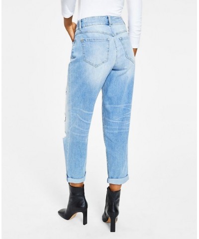 Women's High Rise Ripped Leopard Boyfriend Jeans Regular & Petite Light Indigo $28.49 Jeans