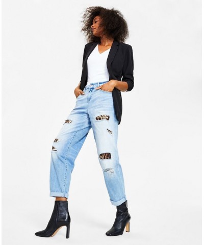 Women's High Rise Ripped Leopard Boyfriend Jeans Regular & Petite Light Indigo $28.49 Jeans