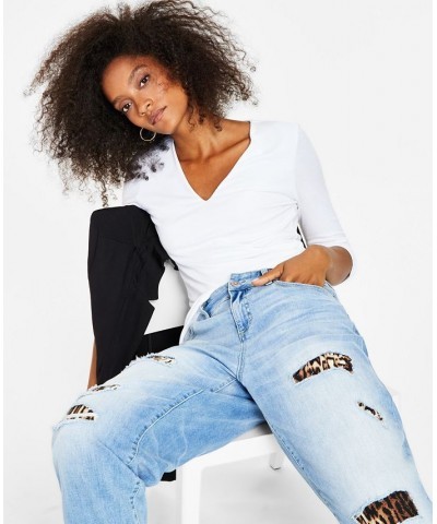 Women's High Rise Ripped Leopard Boyfriend Jeans Regular & Petite Light Indigo $28.49 Jeans