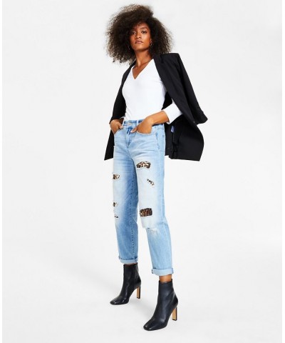 Women's High Rise Ripped Leopard Boyfriend Jeans Regular & Petite Light Indigo $28.49 Jeans