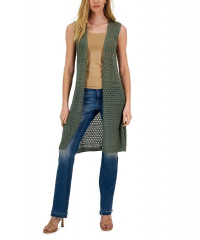 Juniors' Pointelle Open-Front Long Vest Green $24.99 Sweaters