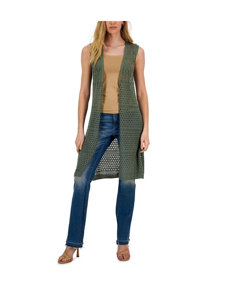 Juniors' Pointelle Open-Front Long Vest Green $24.99 Sweaters