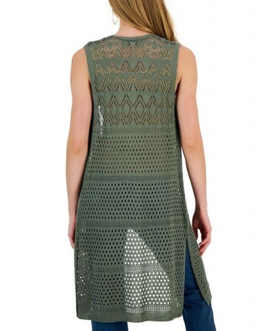 Juniors' Pointelle Open-Front Long Vest Green $24.99 Sweaters