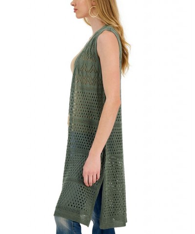 Juniors' Pointelle Open-Front Long Vest Green $24.99 Sweaters