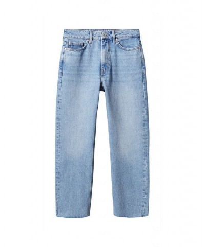 Women's Frayed Hem Straight Jeans Medium Blue $35.69 Jeans