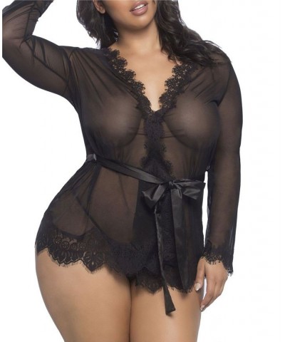 Plus Size Eyelash Lace Robe with Satin Sash and G-String Lingerie Set Black $22.34 Lingerie