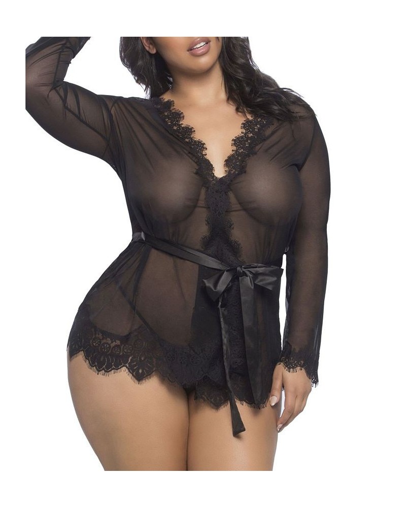 Plus Size Eyelash Lace Robe with Satin Sash and G-String Lingerie Set Black $22.34 Lingerie