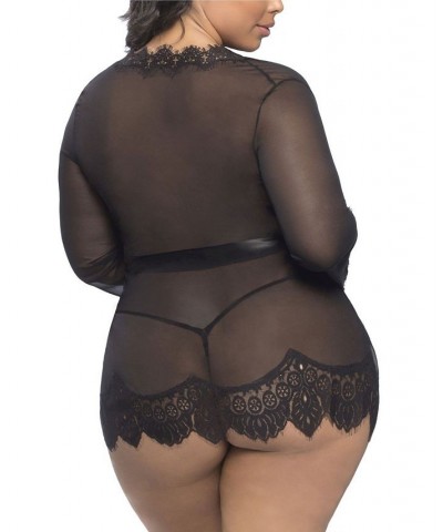 Plus Size Eyelash Lace Robe with Satin Sash and G-String Lingerie Set Black $22.34 Lingerie