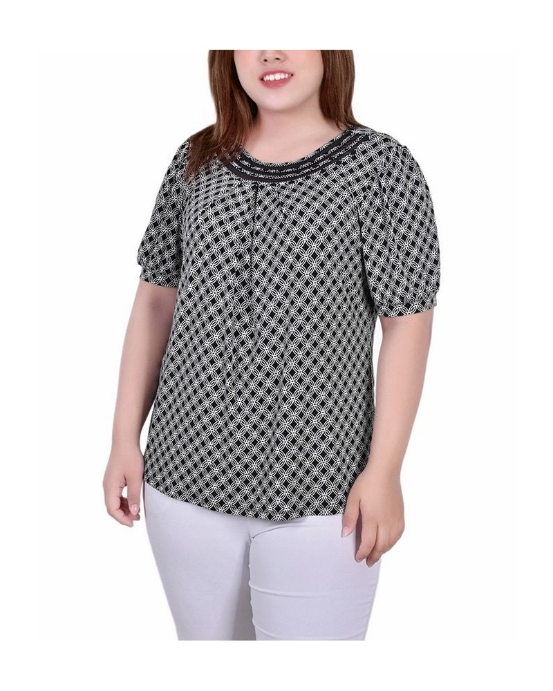 Plus Size Short Puff Sleeve Sheer Inset Top Black White Iconic $12.42 Tops