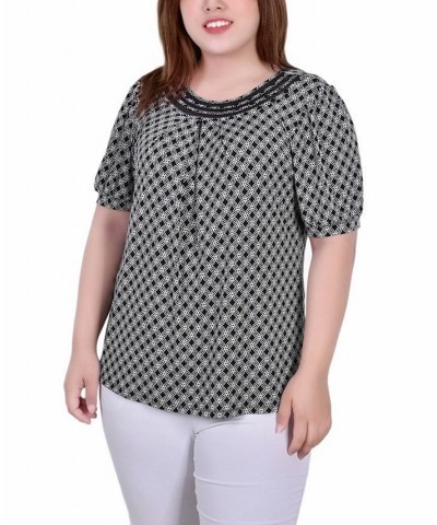 Plus Size Short Puff Sleeve Sheer Inset Top Black White Iconic $12.42 Tops