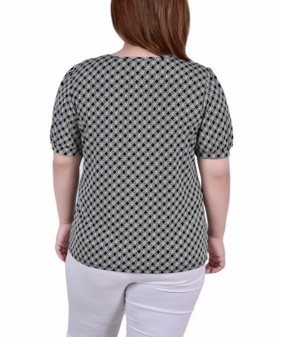 Plus Size Short Puff Sleeve Sheer Inset Top Black White Iconic $12.42 Tops