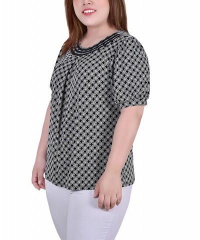 Plus Size Short Puff Sleeve Sheer Inset Top Black White Iconic $12.42 Tops