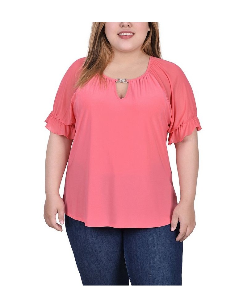 Plus Size Short Ruffle Sleeve Top with Rhinestones Pink $11.32 Tops