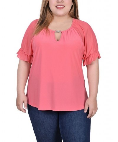 Plus Size Short Ruffle Sleeve Top with Rhinestones Pink $11.32 Tops