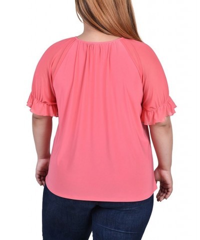 Plus Size Short Ruffle Sleeve Top with Rhinestones Pink $11.32 Tops