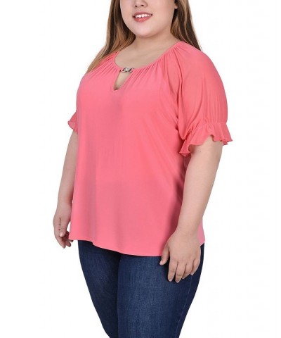 Plus Size Short Ruffle Sleeve Top with Rhinestones Pink $11.32 Tops