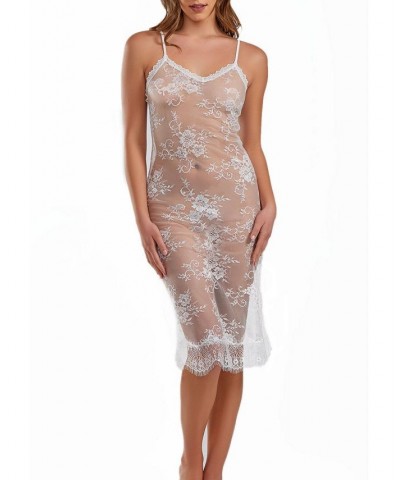 Women's Jasmine Sheer Floral Fitted Lace Gown with Adjustable Straps White $44.79 Lingerie