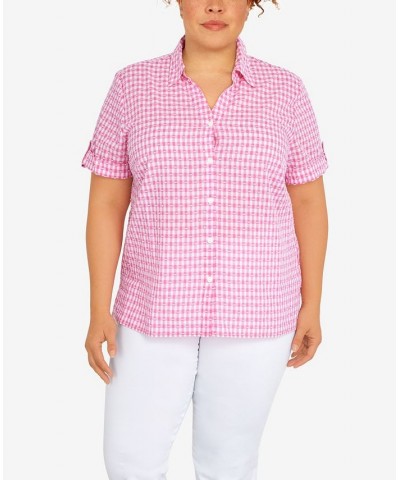 Plus Size Classic Stencil Floral Short Sleeve Button Down Top Carnation $30.83 Tops