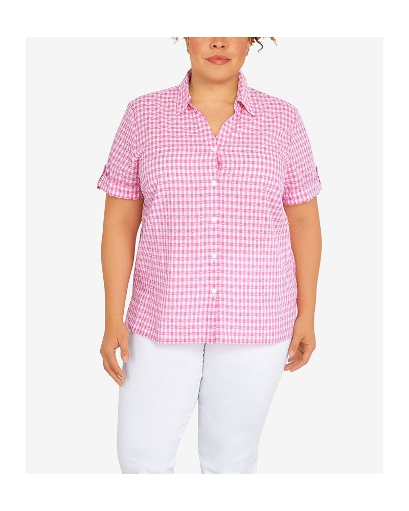 Plus Size Classic Stencil Floral Short Sleeve Button Down Top Carnation $30.83 Tops