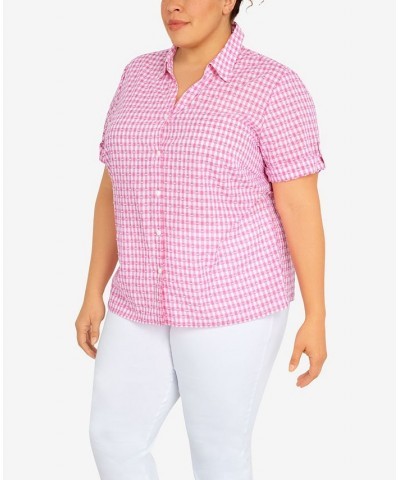 Plus Size Classic Stencil Floral Short Sleeve Button Down Top Carnation $30.83 Tops