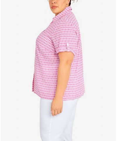 Plus Size Classic Stencil Floral Short Sleeve Button Down Top Carnation $30.83 Tops