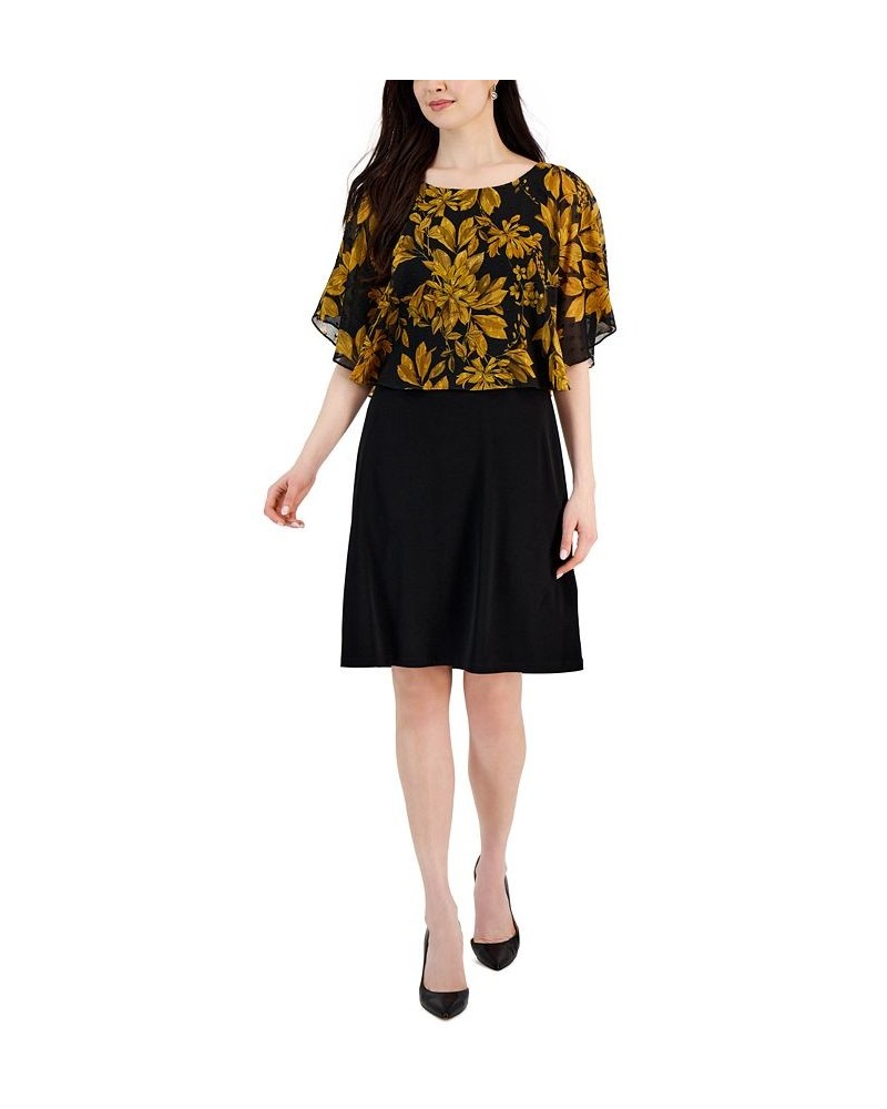 Women's Flora-Print Cape-Overlay A-Line Dress Mustard $20.35 Dresses