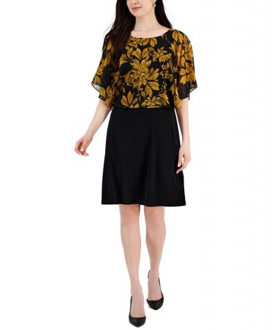 Women's Flora-Print Cape-Overlay A-Line Dress Mustard $20.35 Dresses