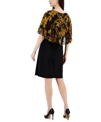 Women's Flora-Print Cape-Overlay A-Line Dress Mustard $20.35 Dresses