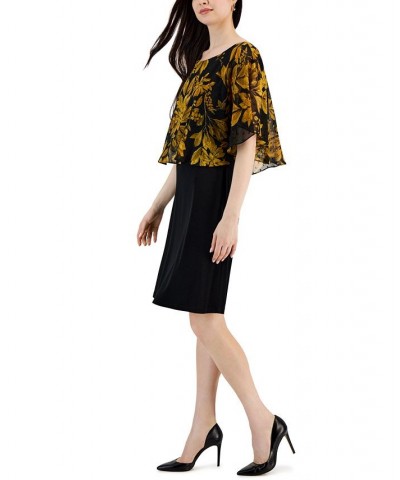 Women's Flora-Print Cape-Overlay A-Line Dress Mustard $20.35 Dresses