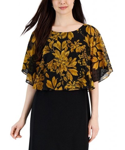 Women's Flora-Print Cape-Overlay A-Line Dress Mustard $20.35 Dresses