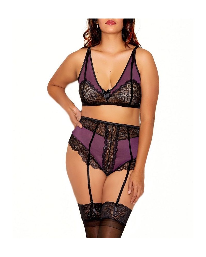 Ripley Plus Size Floral Lace Bralette and Garter Panty Set with Satin Garter Belt 2pc Lingerie Set Purple, Black $32.66 Lingerie