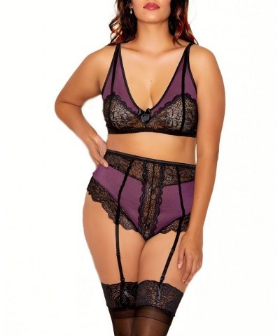 Ripley Plus Size Floral Lace Bralette and Garter Panty Set with Satin Garter Belt 2pc Lingerie Set Purple, Black $32.66 Lingerie