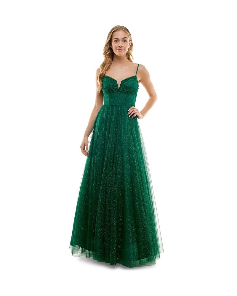 Juniors' Glitter-Mesh Pleated-Bodice Gown Hunter Green $55.77 Dresses