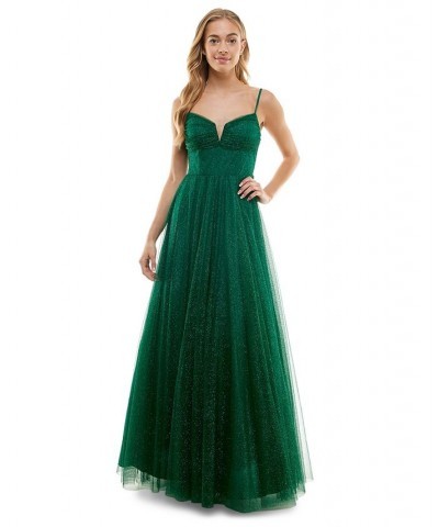 Juniors' Glitter-Mesh Pleated-Bodice Gown Hunter Green $55.77 Dresses