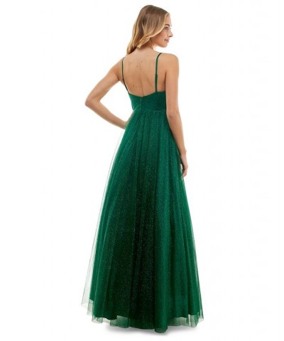 Juniors' Glitter-Mesh Pleated-Bodice Gown Hunter Green $55.77 Dresses