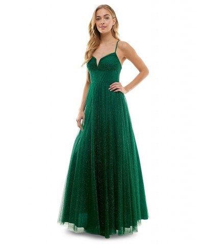 Juniors' Glitter-Mesh Pleated-Bodice Gown Hunter Green $55.77 Dresses