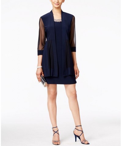 Petite Embellished Dress and Illusion Duster Jacket Navy Blue $32.70 Dresses