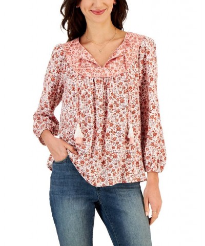 Women's Floral Printed Tasseled Peasant Top Orange $15.99 Tops