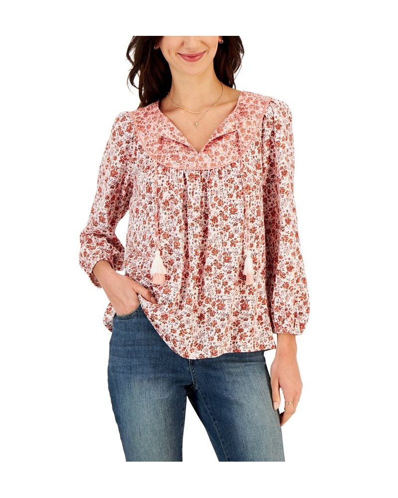 Women's Floral Printed Tasseled Peasant Top Orange $15.99 Tops