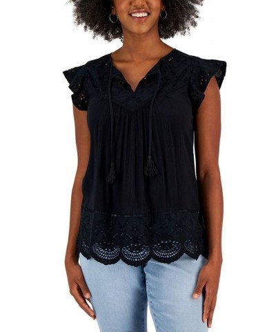 Women's Mixed-Media Lace-Trimmed Top Black $35.70 Tops