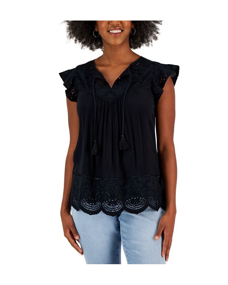 Women's Mixed-Media Lace-Trimmed Top Black $35.70 Tops