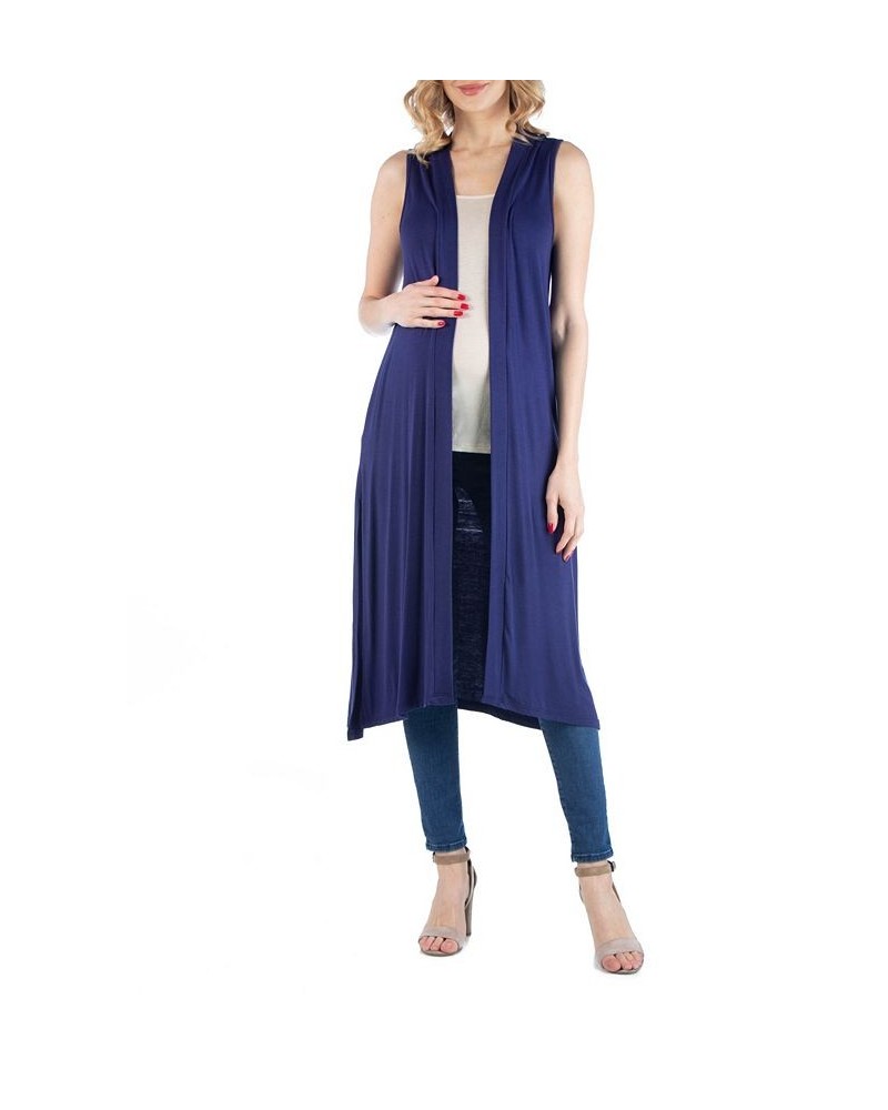 Sleeveless Long Maternity Cardigan with Side Slit Blue $23.69 Sweaters